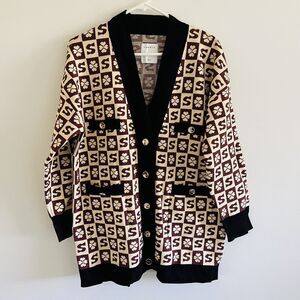 SANDRO Brown Beige Long Coatigan With Jacquard Pattern - 1 (Small)